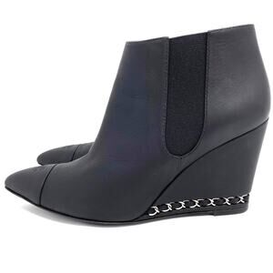 Chanel Black Leather Pointed Toe Wedge Boots w/ Chain Detail 38.5